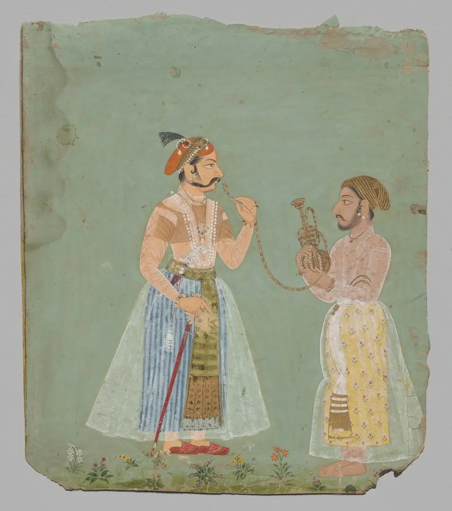 Rana Amar Singh II (reigned 1698–1710) smoking a hookah, by Stipple Master, 1700