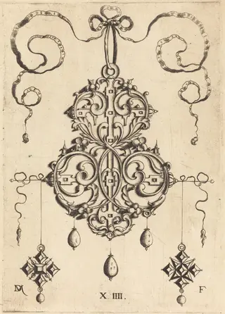 Strapwork Pendant with Three Drops and Two Cross-Shaped Pendants as Earrings at Left and Right