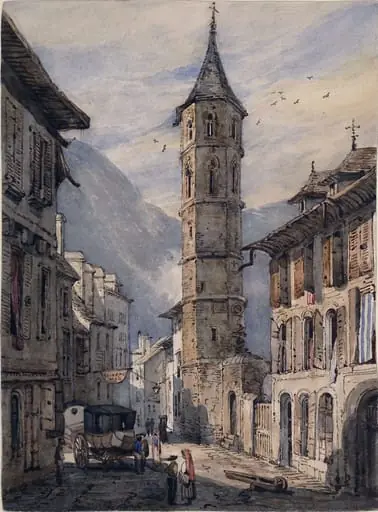 Street scene, with bell tower