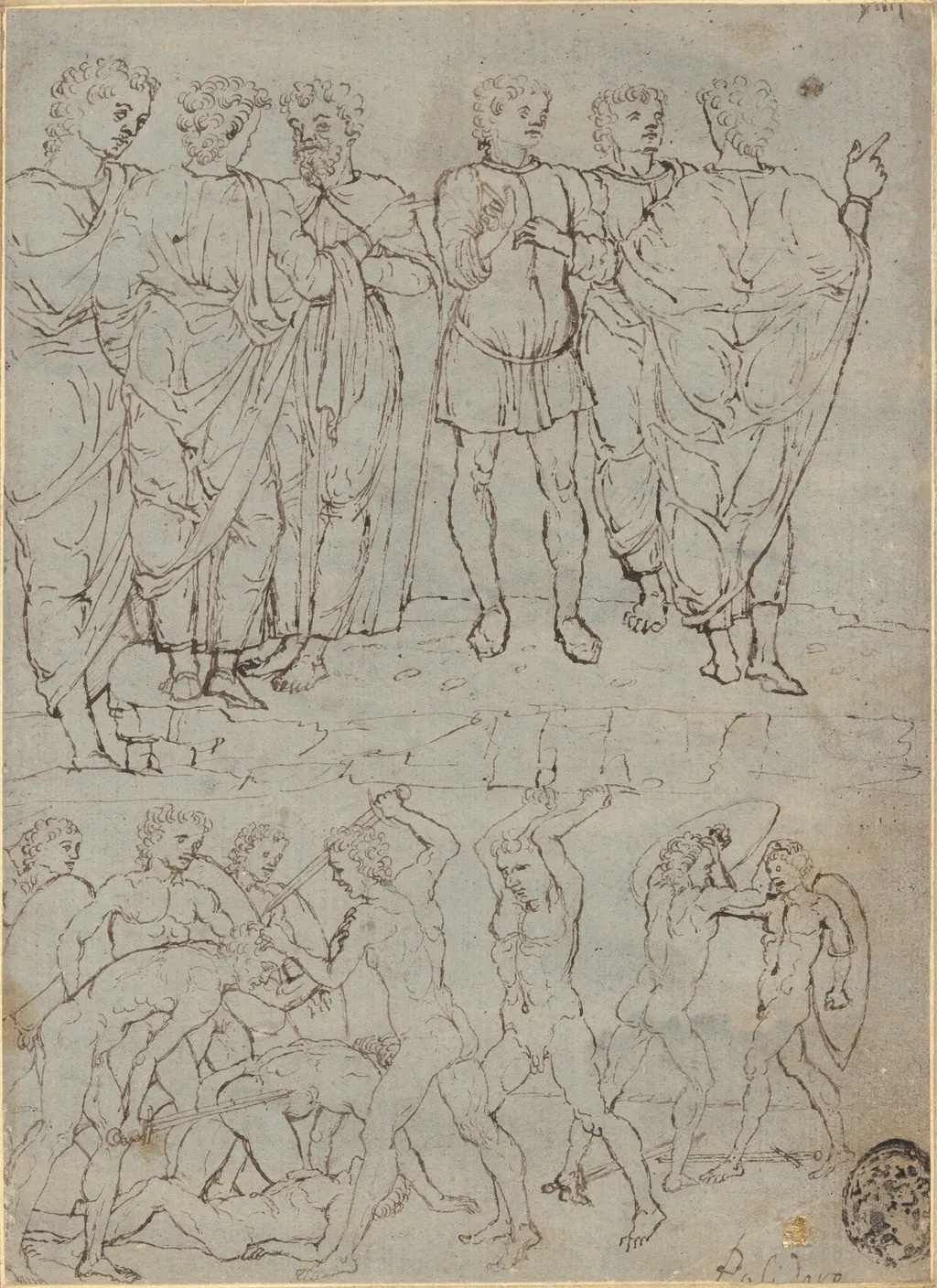 Six Conversing Men and Ten Battling Nudes, by Studio of Francesco Squarcione, ink, 1470