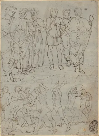 Six Conversing Men and Ten Battling Nudes, by Studio of Francesco Squarcione