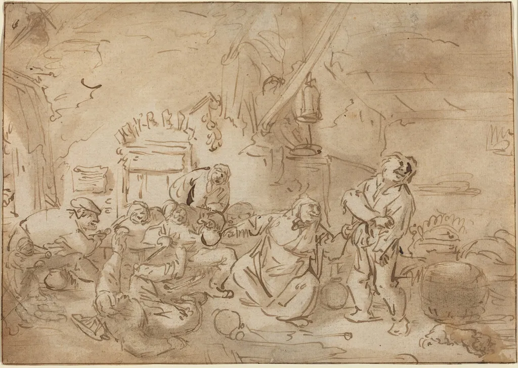 Brawl in an Inn, by Style of Adriaen van Ostade, ink, 1635