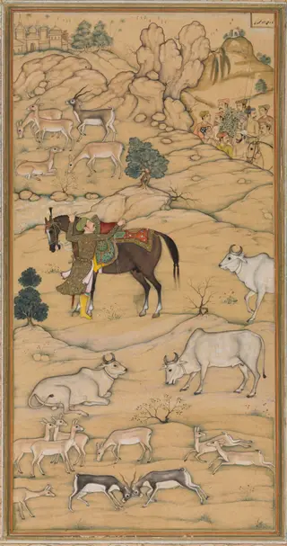 Akbar Mounting his Horse; page from the Chester Beatty Akbar Nama (History of Akbar), by Sur Das
