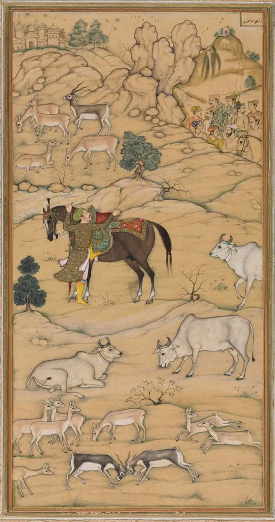 Akbar Mounting his Horse; page from the Chester Beatty Akbar Nama (History of Akbar), by Sur Das Gujarati