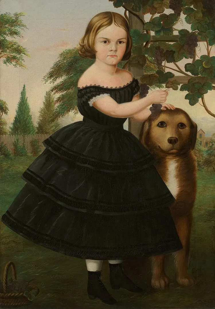 Portrait of a Girl and Her Dog in a Grape Arbor, by Susan Waters, oil, 1857