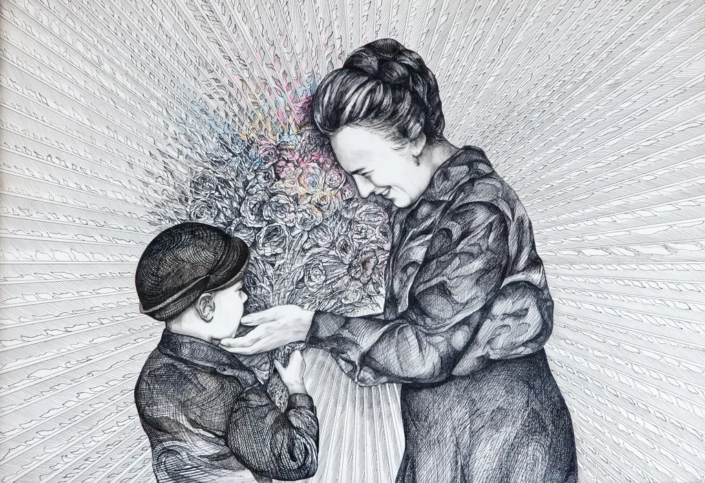 Tablou, desen în tuș, „Elena Ceaușescu cu un băiețel”, atribuit Suzana Fântânaru. Desenul o reprezintă pe Elena Ceaușescu primind un buchet de flori de la un șoim al patriei; atitudinea Elenei Ceaușescu este una maternă față de copil. Cei doi sunt înconjurați de raze solare. Comandat și oferit de Comitetul Județean de Partid Dolj (1984)., by Suzana Fântânaru