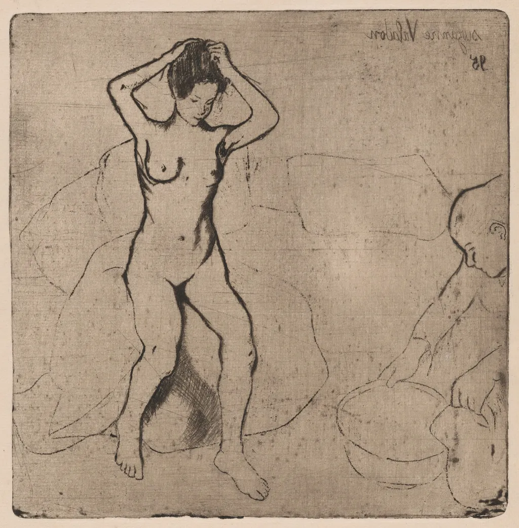 Catherine prépare le tub et Louise nue se coiffe (Catherine Prepares the Bath and Louise, Nude, Fixes her Hair), by Suzanne Valadon, ink, 1895