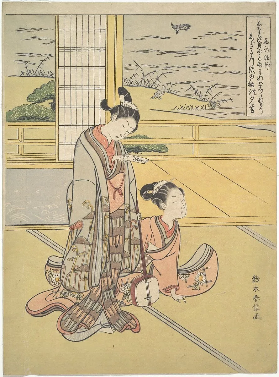 鈴木春信画 見立三夕 「西行法師」|A Young Man and Woman with a Shamisen; Monk Saigyō, from a series alluding to the Three Evening Poems (Sanseki waka), by Suzuki Harunobu, ink, 1768