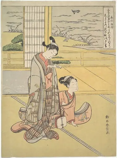 鈴木春信画　見立三夕　「西行法師」|A Young Man and Woman with a Shamisen; Monk Saigyō, from a series alluding to the Three Evening Poems (Sanseki waka)
