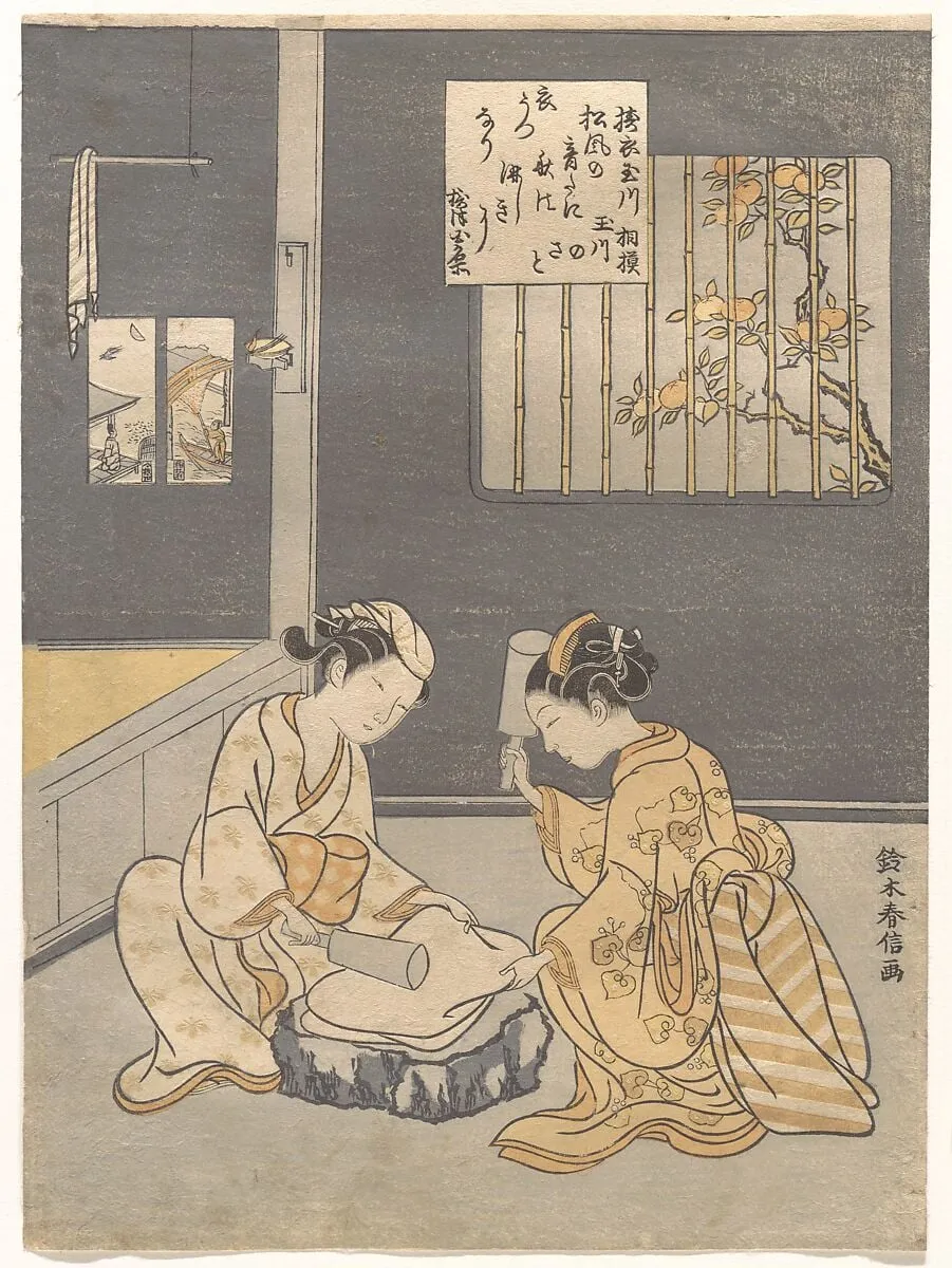鈴木春信画 六玉川 「壔衣の玉川 摂津の名所」|Kōromō Uchi Tamagawa|The Cloth-Fulling Jewel River, a Famous Place in Settsu Province (Tōi no Tamagawa, Settsu no meisho), from an untitled series of Six Jewel Rivers (Mu Tamagawa), by Suzuki Harunobu, ink, 1766