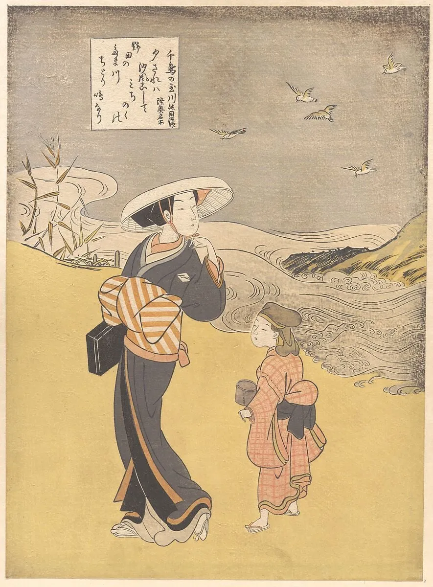 六玉川 「千鳥の玉川 陸奥名所」|“The Jewel River of Plovers, a Famous Place in Mutsu Province,” from the series Six Jewel Rivers (Mu Tamagawa: Chidori no Tamagawa, Mutsu meisho), by Suzuki Harunobu, ink, 1766