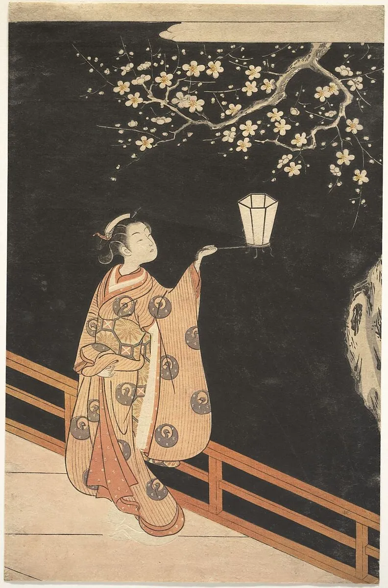 鈴木春信画 夜の梅|Woman Admiring Plum Blossoms at Night, by Suzuki Harunobu, ink, 1766