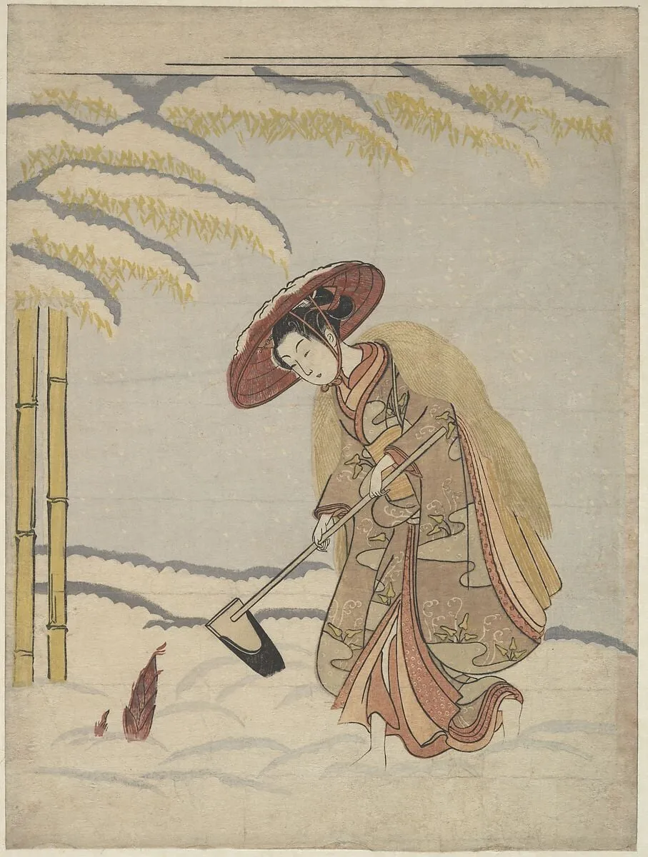 鈴木春信画 雪中に筍を掘る女 見立孟宗|Woman Digging Bamboo Shoots in the Snow, or Parody of Meng Zong (Mōsō), from Twenty-Four Paragons of Filial Piety, by Suzuki Harunobu, ink, 1765