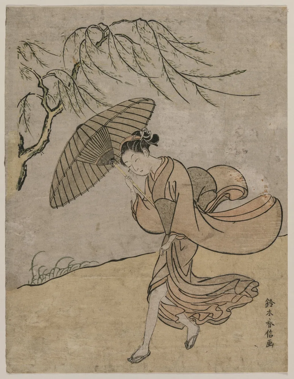 Woman Running Past a Willow Tree in a Breeze, by Suzuki Harunobu, 1766