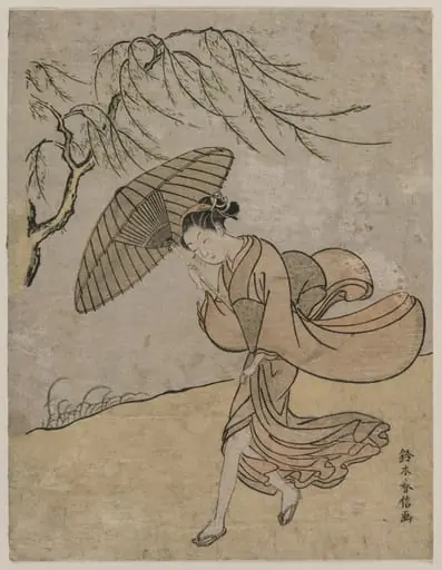 Woman Running Past a Willow Tree in a Breeze, by Suzuki Harunobu