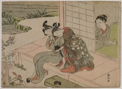 Woman Watching Young Couple Embrace on a Veranda, by Suzuki Harunobu