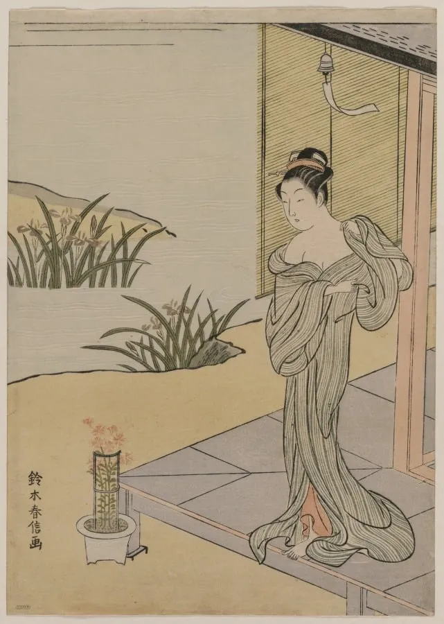 Young Woman Looking at a Pot of Pinks, by Suzuki Harunobu, 1767