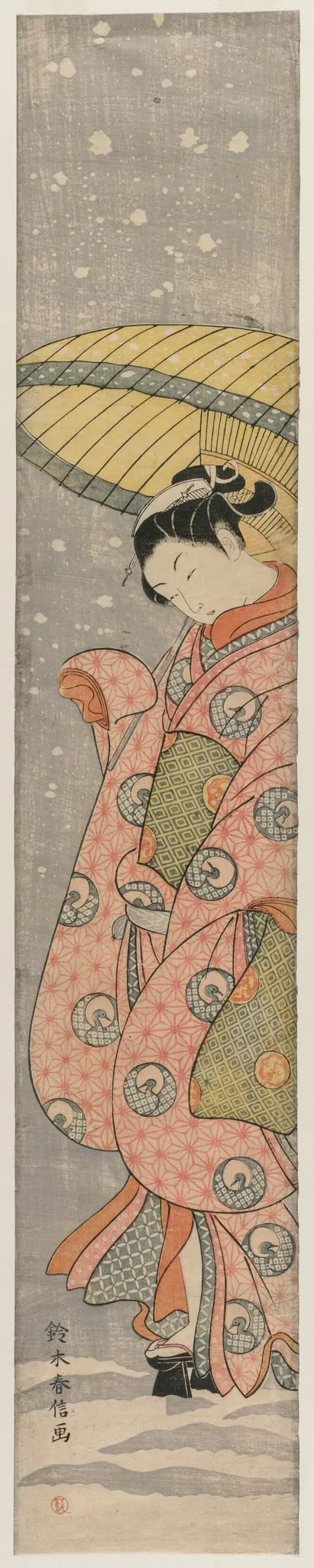 Young Woman Standing Under an Umbrella in the Snow, by Suzuki Harunobu, 1768