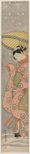Young Woman Standing Under an Umbrella in the Snow, by Suzuki Harunobu