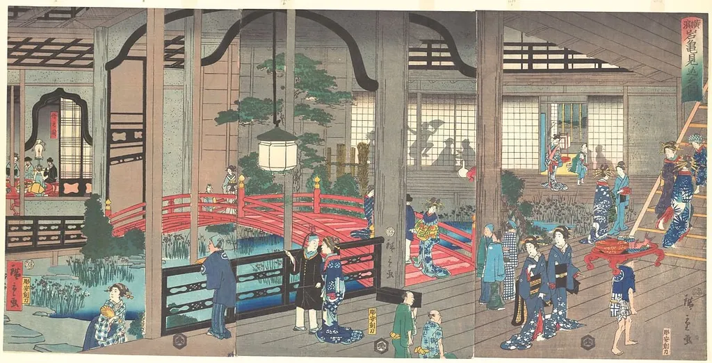 横浜 岩亀見込の図|The Interior of the Gankiro Tea House in Yokohama, by Suzuki Hiroshige II, ink, 1861