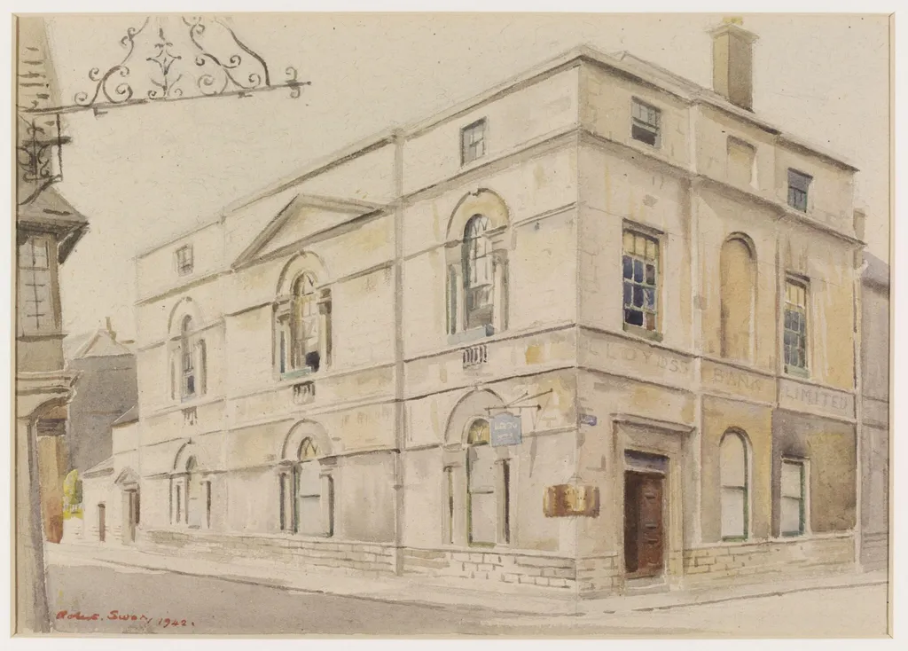 Lloyd's Bank, Cirencester, by Swan, watercolor, 1942