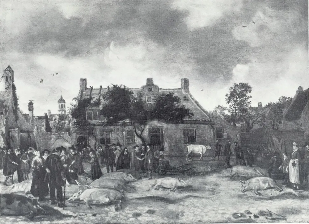 Selling Pigs at the Market in The Hague, by Sybrand van Beest, oil, 1649