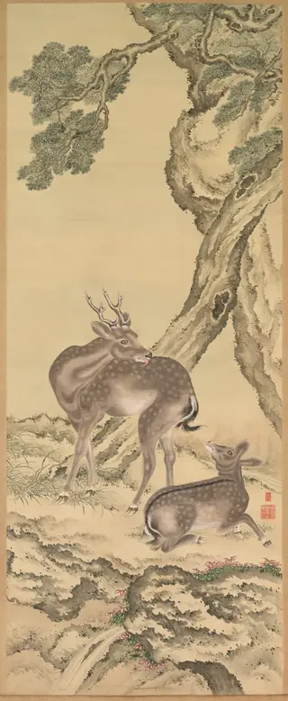 Symbols of Longevity: Deer under Peach and Pine (Peach) (left), by Toda Tadanaka