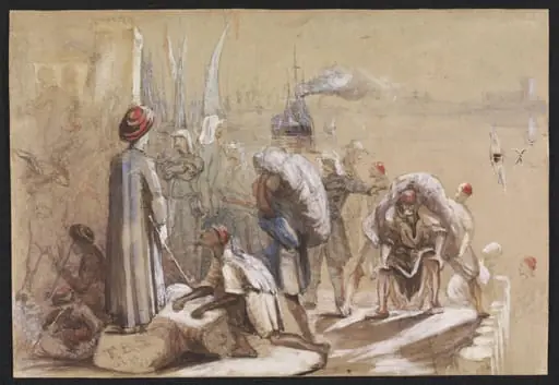 Advanced guard & Baggage of the Royal artillery landi[ng] a[t]  Alexandria en route for India, by T. B. S.