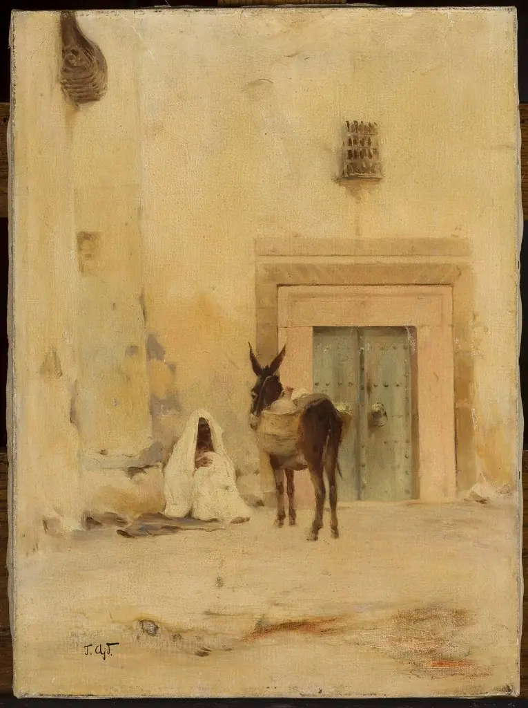Arab and a donkey at the wall of a house, by Tadeusz Ajdukiewicz
