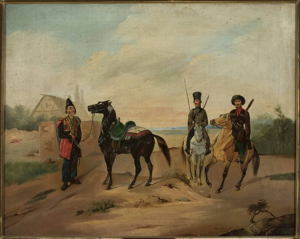 Three horsemen on the road, by Tadeusz Brodowski, oil, 1838