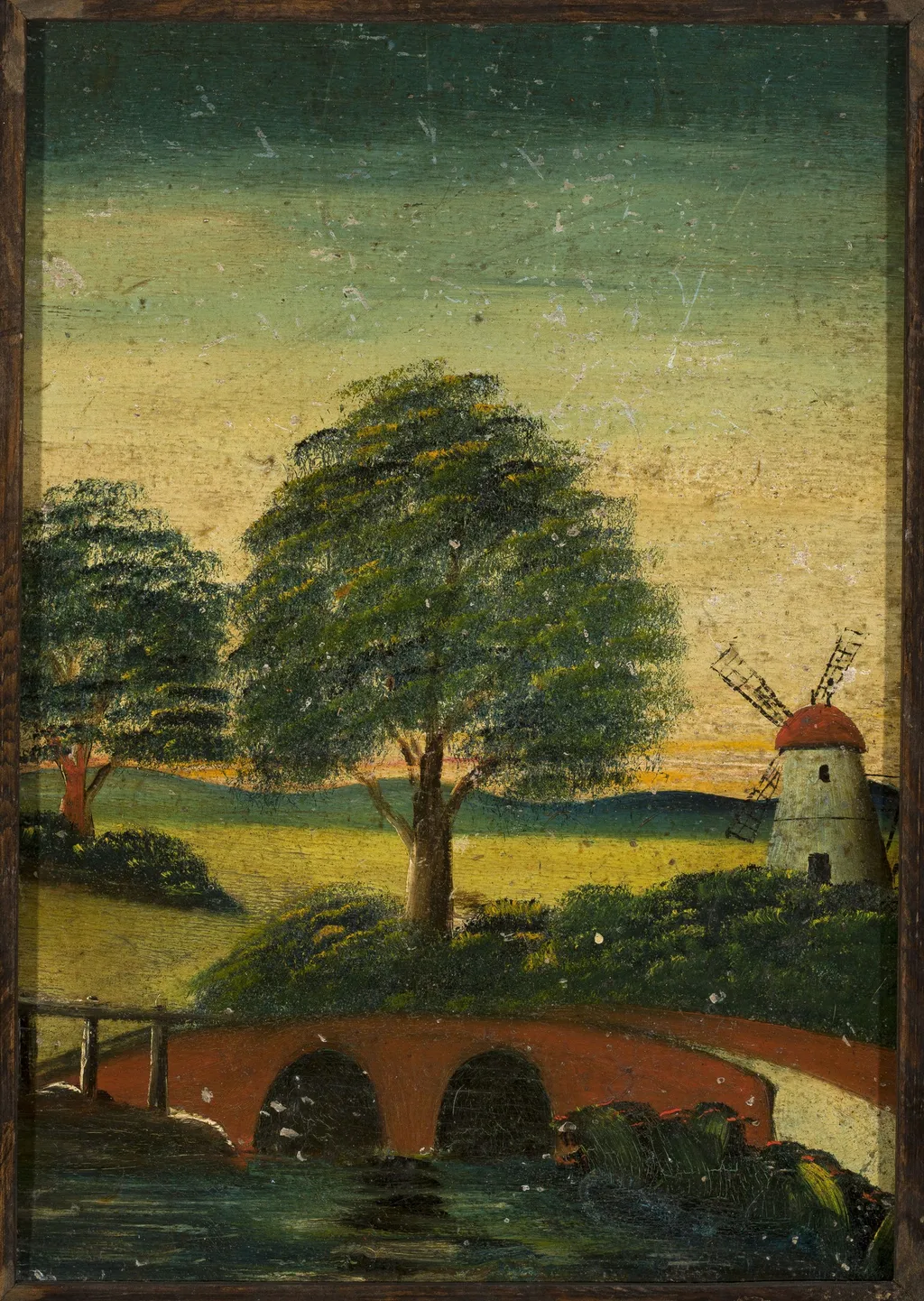 Landscape with a windmill and a bridge, by Tadeusz Makowski, oil, 1920