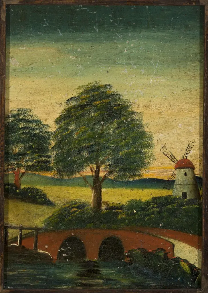 Landscape with a windmill and a bridge, by Tadeusz Makowski