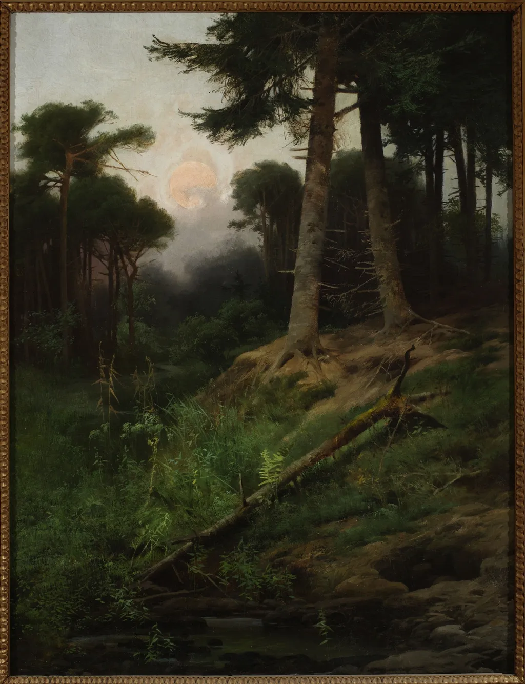 Forest landscape at sunrise, by Tadeusz Popiel, oil, 1898