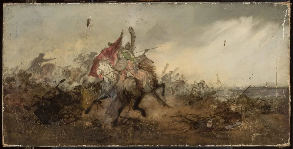 Battle of Vienna, sketch, by Tadeusz Rybkowski, oil, 1875