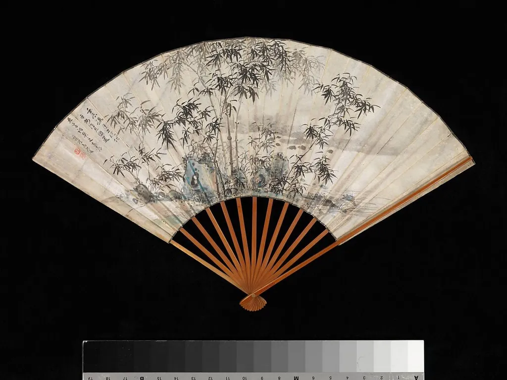 墨竹扇面図|Bamboo and Rocks by a Stream, by Takaku Aigai, ink, 1832