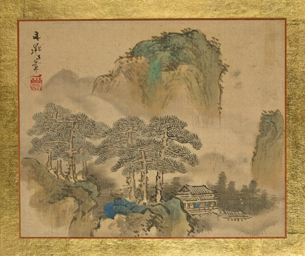 A House next to Pine Trees, in front of Mountains, by Tani Bunchō