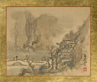 An Old Man and an Attendant heading to a two-story Mansion at the Shore, by Tani Bunchō