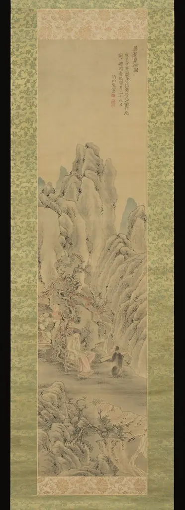 Monkey Offering a Qin to Scholar 異類酬徳図 (Irui hōtoku zu), by Tanomura Chikuden