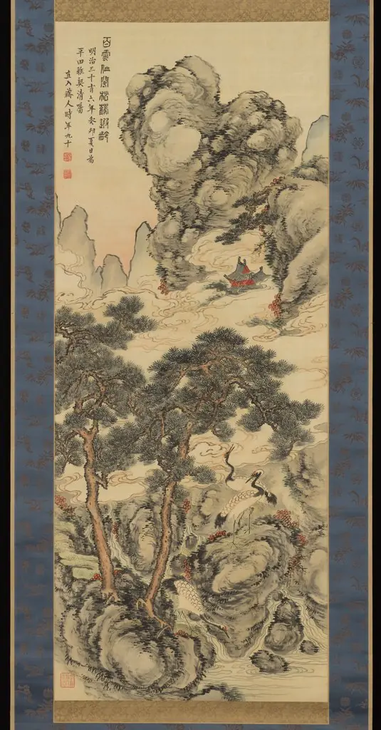 Pines and Cranes of Longevity 松鶴遐齢図, by Tanomura Chokunyū