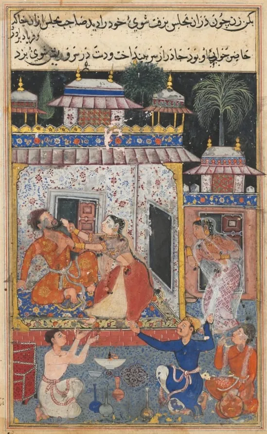 The deceitful wife assaults her erring husband, from a Tuti-nama (Tales of a Parrot): Eighth Night, by Tara 1, unspecified, 1560