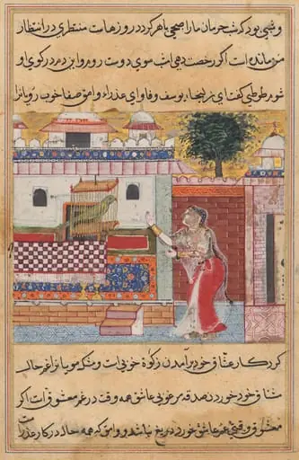 The Parrot Addresses Khujasta at the Beginning of the Twelfth Night, from a Tuti-nama (Tales of a Parrot), by Tara 1
