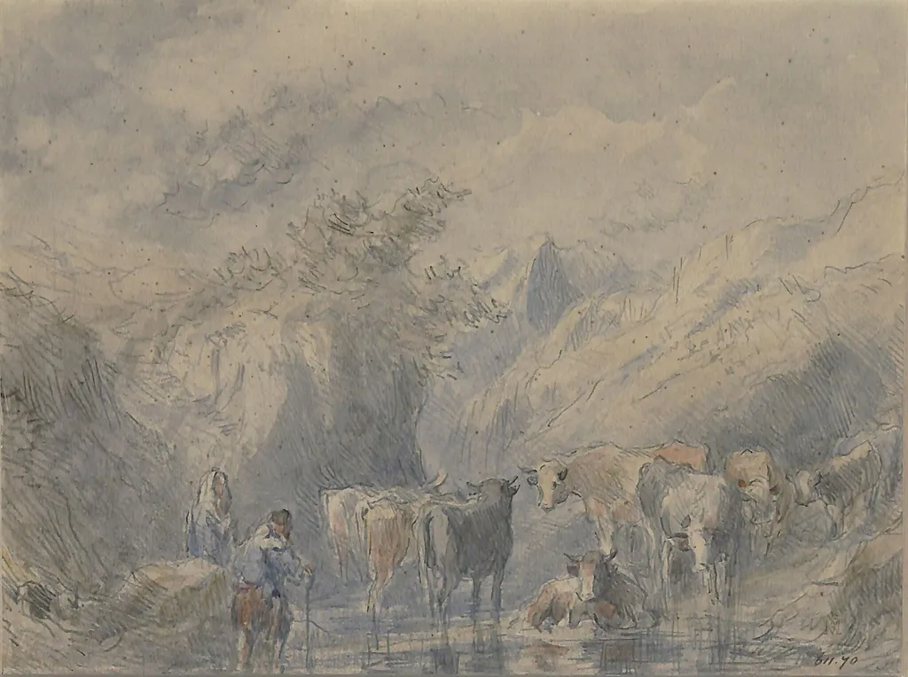 Cattle at a Pool, by Tayler, watercolor, 1820