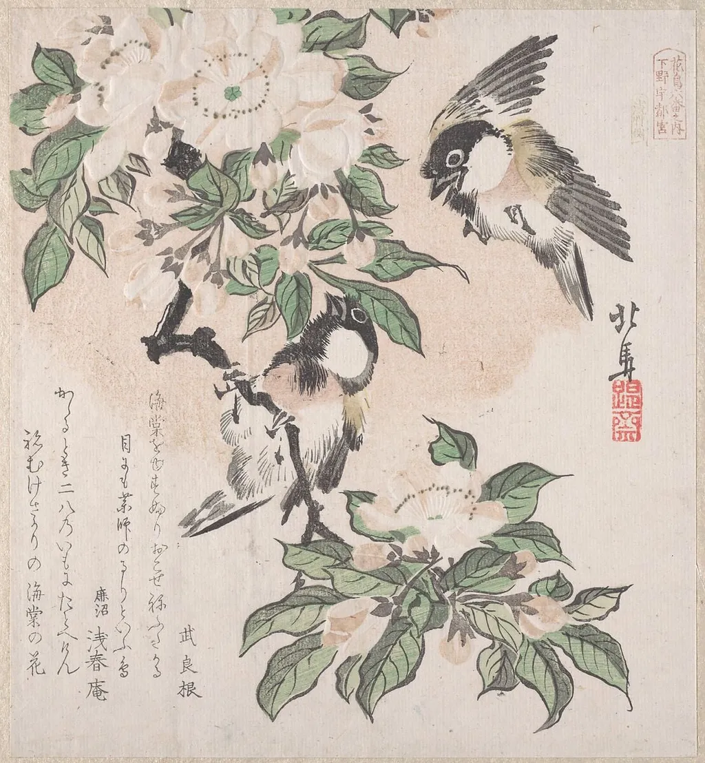 摺物帖 『春雨集』 『花鳥六番之内 下野宇都宮』 海棠に山雀|Spring Rain Collection (Harusame shū), vol. 3: Marsh-tits and Crab Apple Flowers, by Teisai Hokuba, ink, 1820