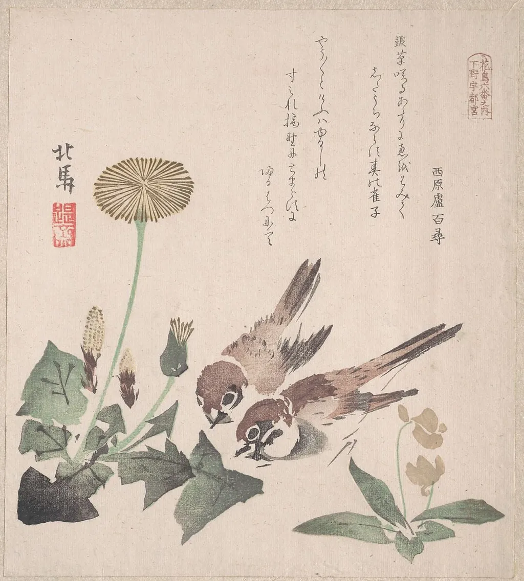摺物帖 『春雨集』 『花鳥六番之内 下野宇都宮』 タンポポに雀|Spring Rain Collection (Harusame shū), vol. 3: Sparrows and Dandelions, by Teisai Hokuba, ink, 1820