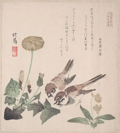 摺物帖 『春雨集』 『花鳥六番之内 下野宇都宮』 タンポポに雀|Spring Rain Collection (Harusame shū), vol. 3: Sparrows and Dandelions, by Teisai Hokuba