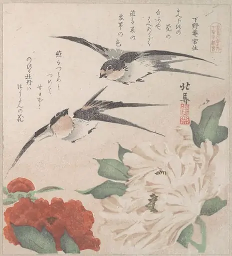 摺物帖　『春雨集』　『花鳥六番之内　下野宇都宮』　牡丹に燕|Spring Rain Collection (Harusame shū), vol. 3: Swallows and Peonies