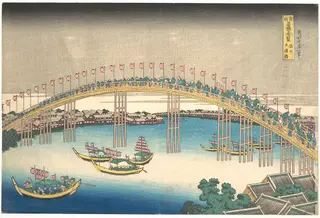 諸國名橋奇覧　摂洲天満橋|Tenman Bridge at Settsu Province (Sesshū  Tenmanbashi), from the series Remarkable Views of Bridges in Various Provinces (Shokoku meikyō kiran), by Katsushika Hokusai