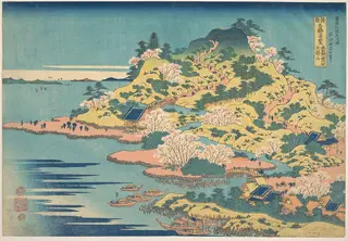 諸國名橋奇覧　摂洲阿治川口天保山|Tenpōzan at the Mouth of the Aji River in Settsu Province (Sesshū Ajikawaguchi Tenpōzan), from the series Remarkable Views of Bridges in Various Provinces (Shokoku meikyō kiran), by Katsushika Hokusai