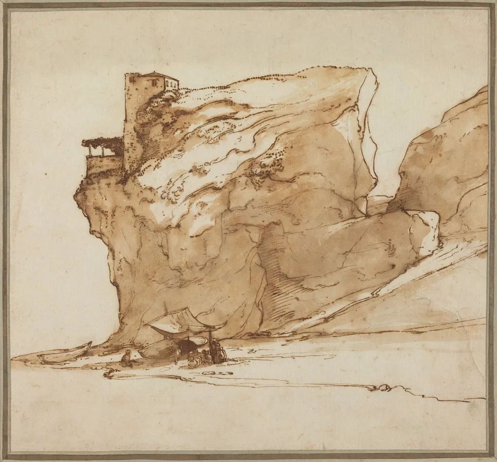 Landscape with a Large Rock, by Teodoro Filippo di Liagno, chalk, 1625