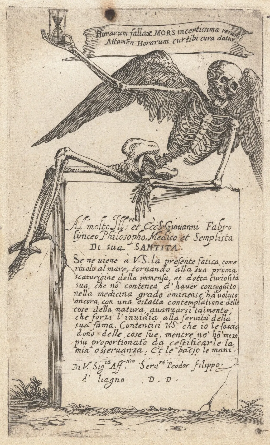 Seated Figure of Death with an Hourglass, by Teodoro Filippo di Liagno, ink, 1620